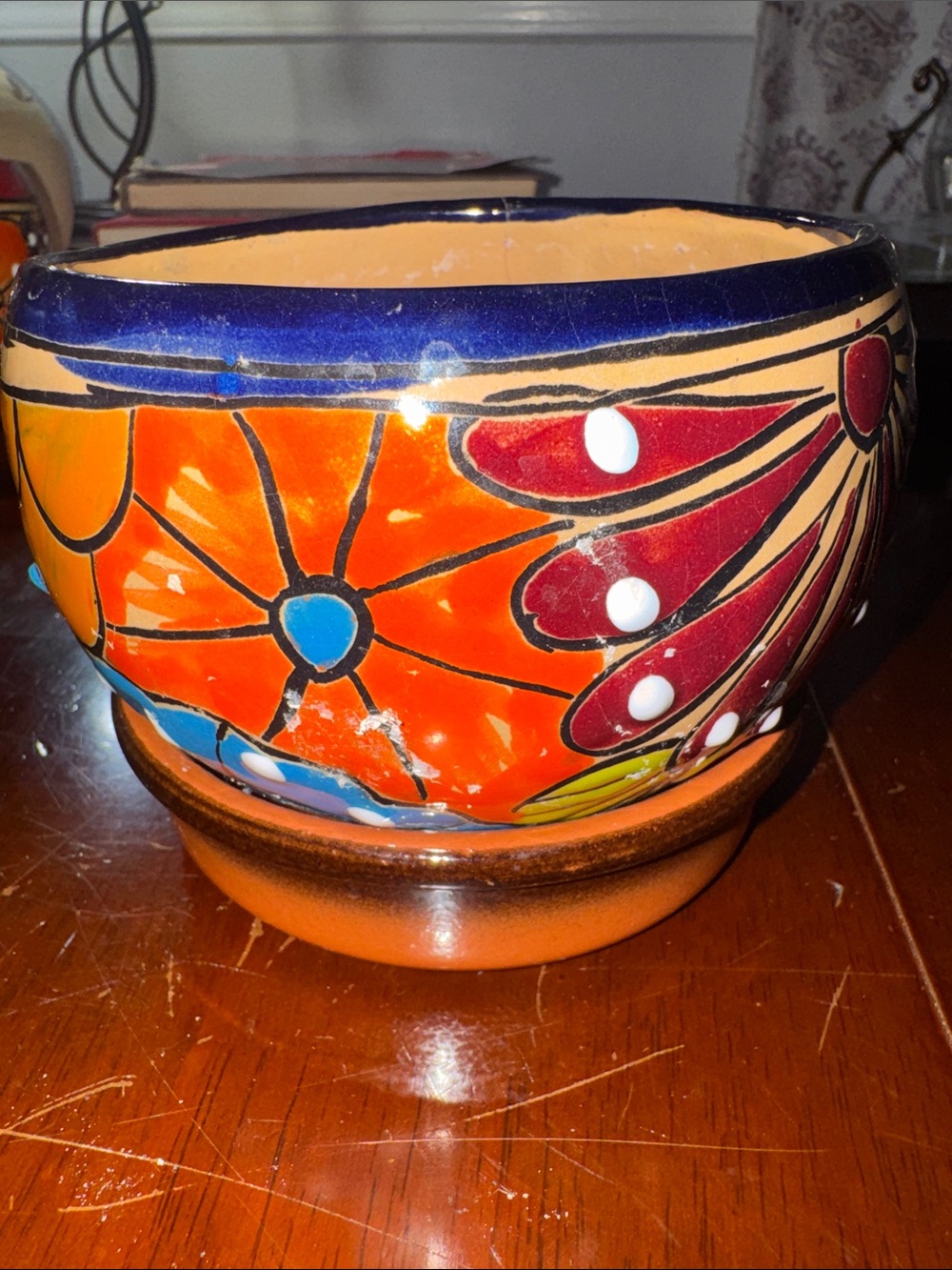 Made in Mexico Handcrafted Orange Floral Ceramic Planter Bowl with bottom tray